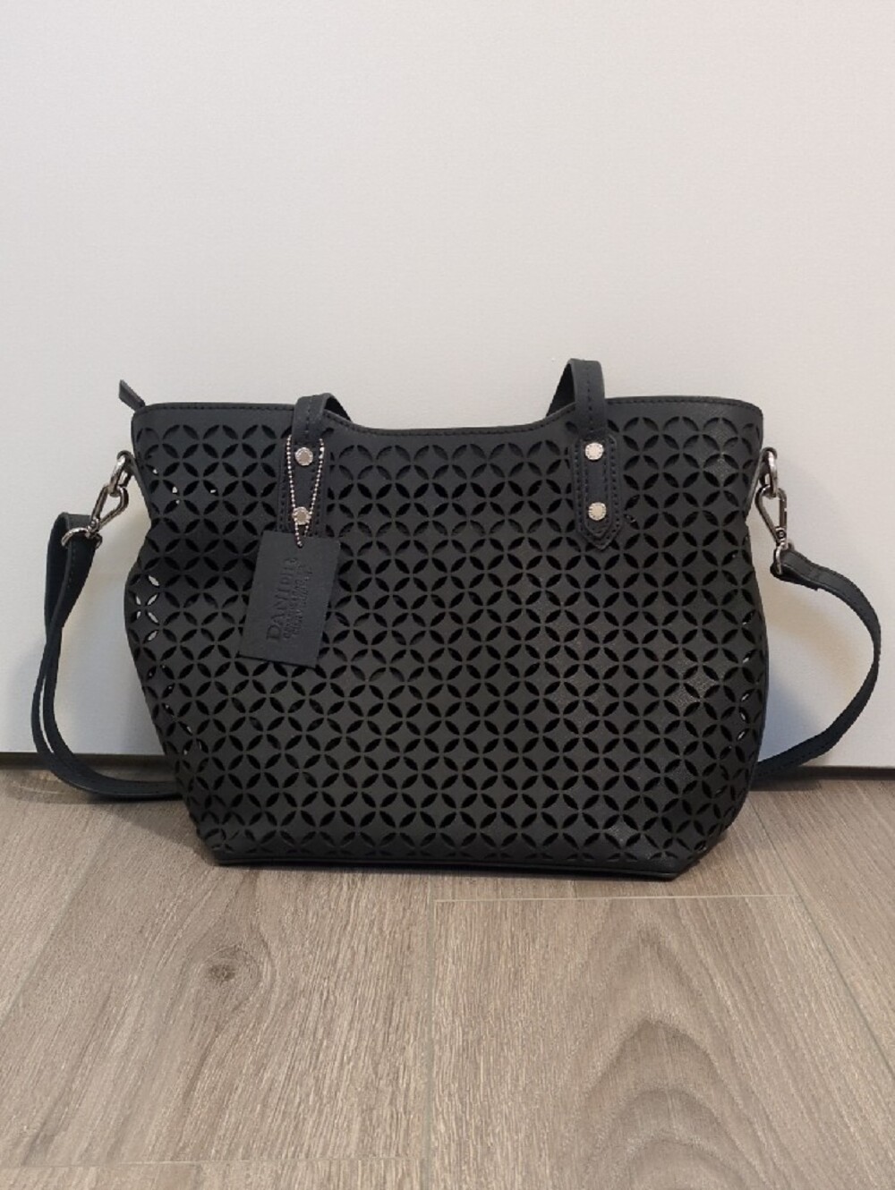 Danier Dark Blue Laser-Cut Tote Bag with Removable Shoulder Strap